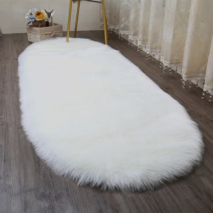 Oval Faux Fur Sheepskin Fluffy Floor Rug, White 60x120CM