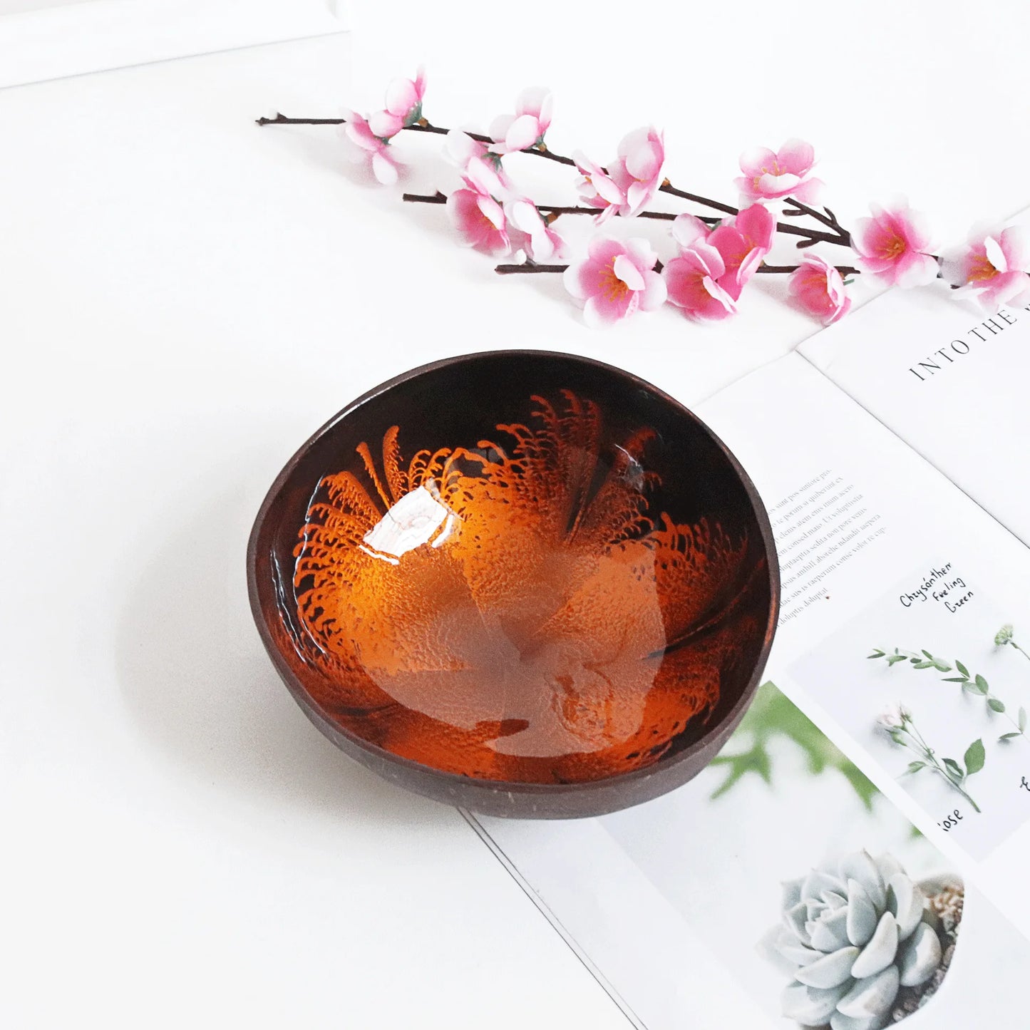 Natural Coconut Bowl, Splash Ink Design for Storage and Creative Desk Decor