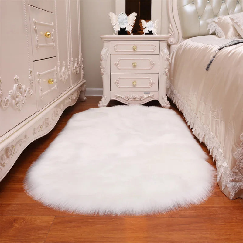 Oval Faux Fur Sheepskin Fluffy Floor Rug, White 60x120CM