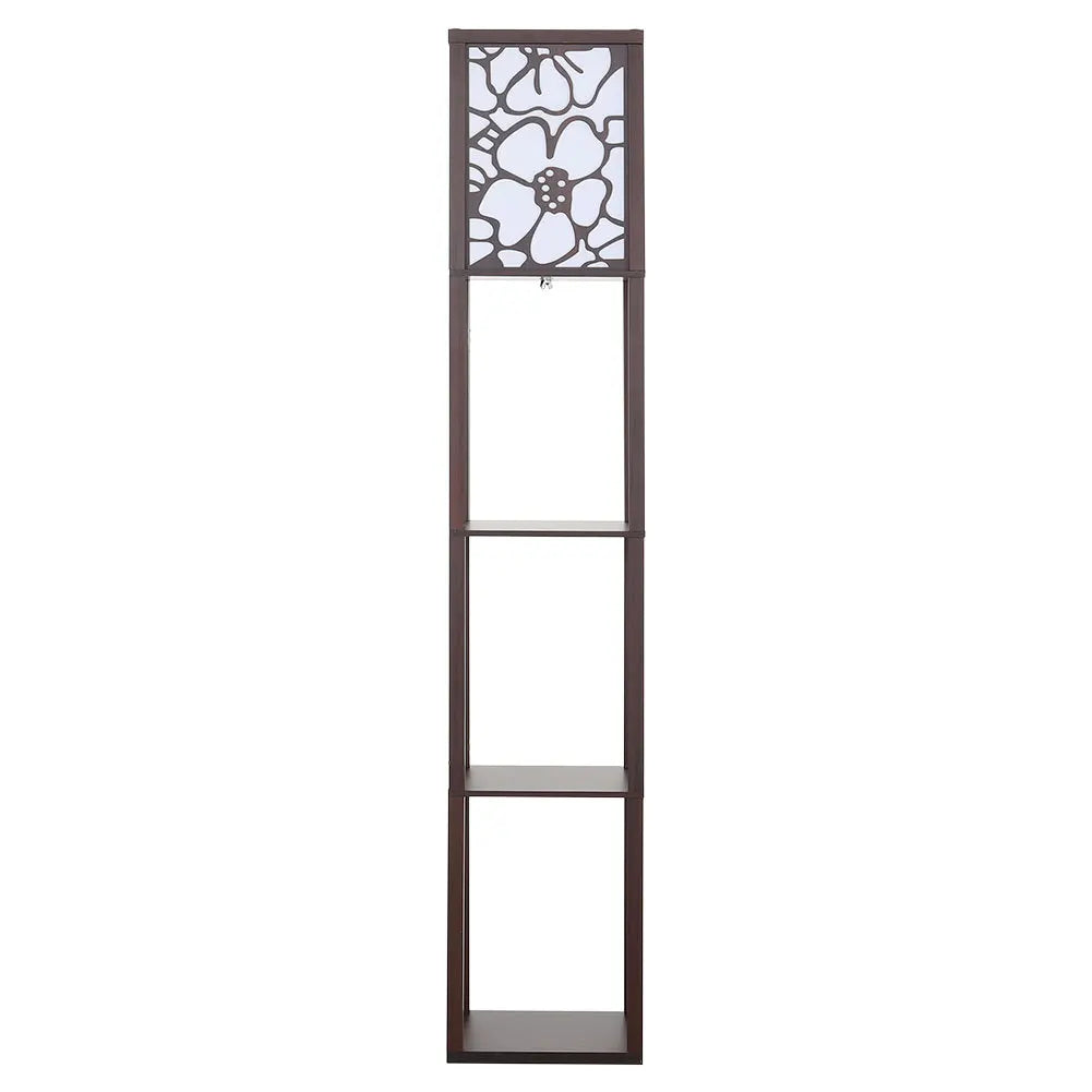 3 in 1 Wooden and Linen Floor Lamp with Shelves,Walnut Flower