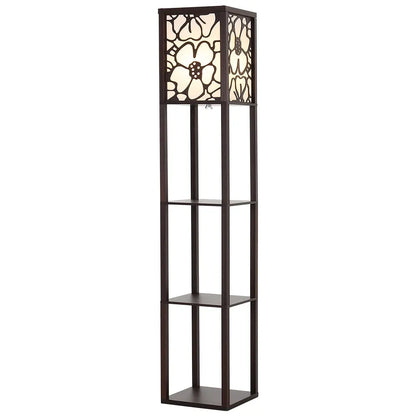 3 in 1 Wooden and Linen Floor Lamp with Shelves,Walnut Flower